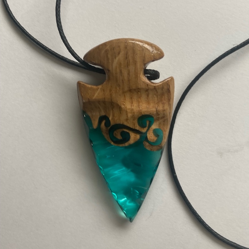 Handcrafted Teal Resin and Wood Arrowhead Pendant Necklace